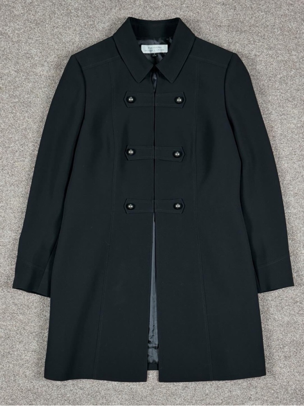 Tahari Black Napoleon Military Style Double Breasted Mid Length Coat Women’s 12